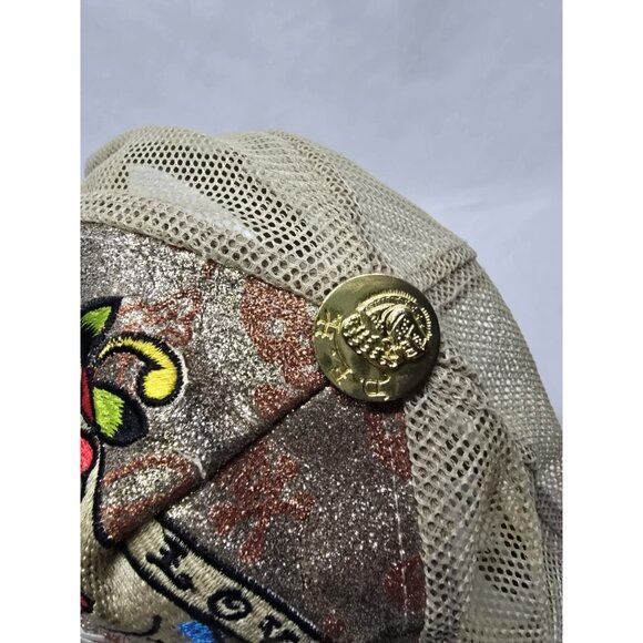 ED HARDY Snapback Trucker Hat Gold Glitter Skull Mesh Cap- Y2K STYLE- Unisex - Picture 9 of 9